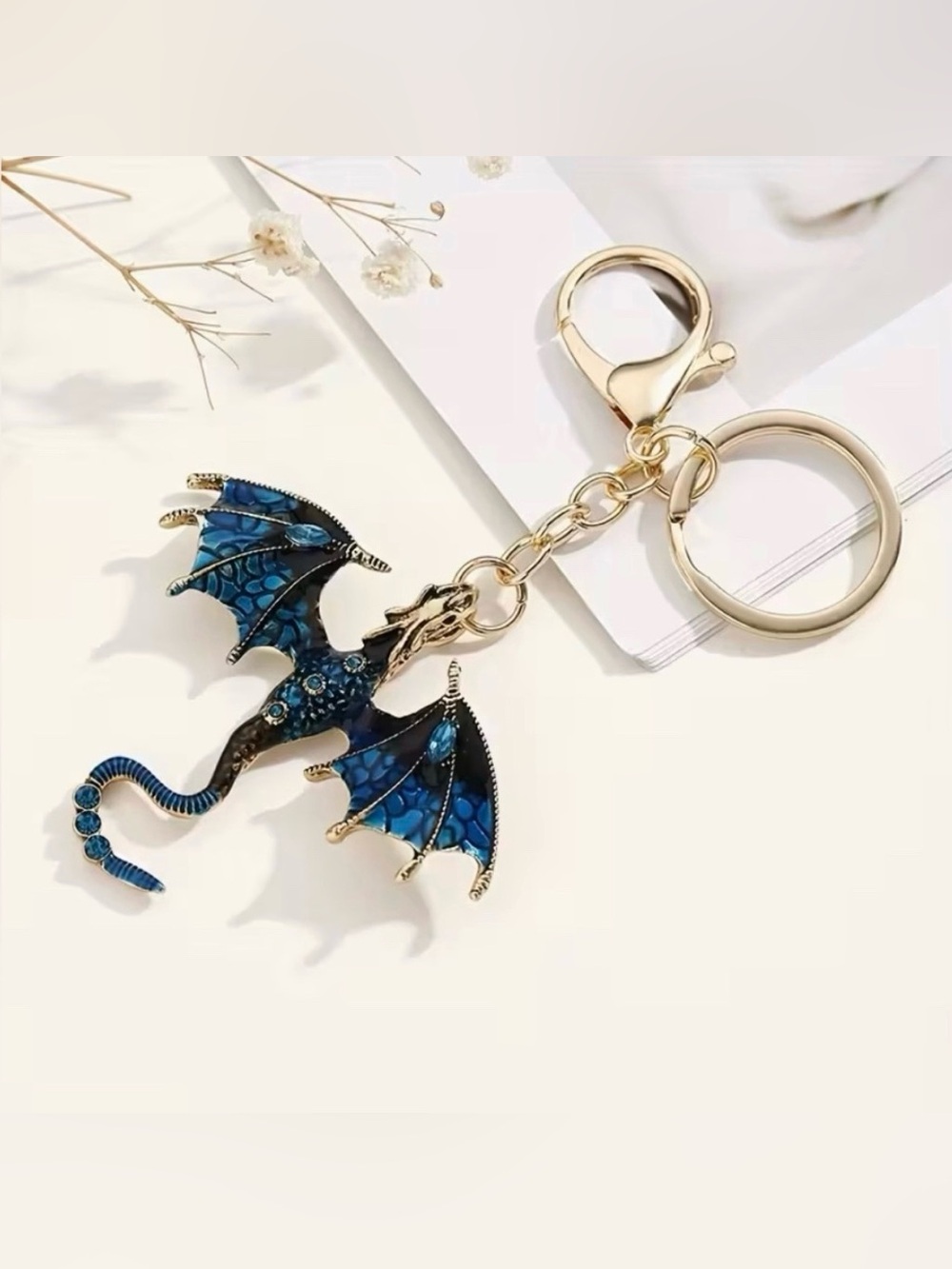 Dragon Bag Charm Keychain with Key Ring for Purse Handbag Blue Rhinestone New